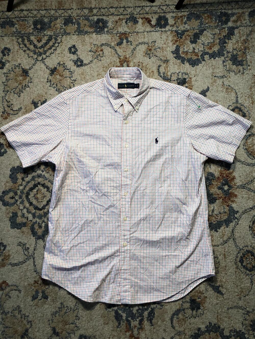 Ralph Lauren Shirt Mens Large White Check Short Sleeve Button Down Pony Logo